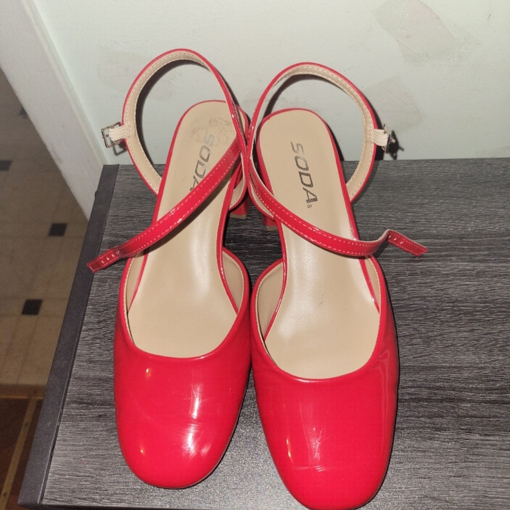 Soda Red Heels with Glossy Finish and Ankle Straps Size 7